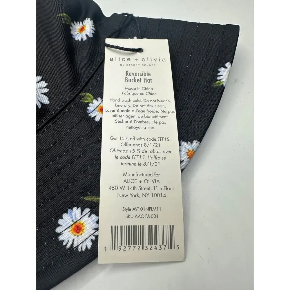 NWT Alice + Olivia Reversible Daisy Floral Print Bucket Hat One Size Black White